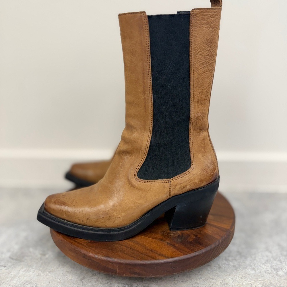 Italian Leather Chelsea‎ Western Boot with Black Elastic Panel Sz 38